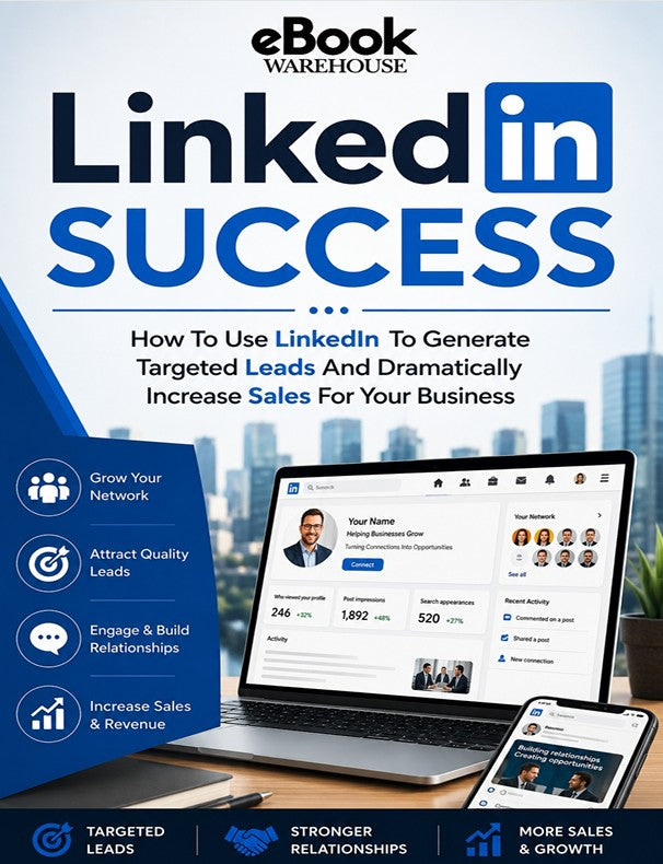 LinkedIn Success ebook cover featuring a modern blue and white business design with the eBook Warehouse logo, a laptop and smartphone displaying LinkedIn profiles, and marketing-focused graphics highlighting lead generation, networking, relationship building, and sales growth strategies for businesses.