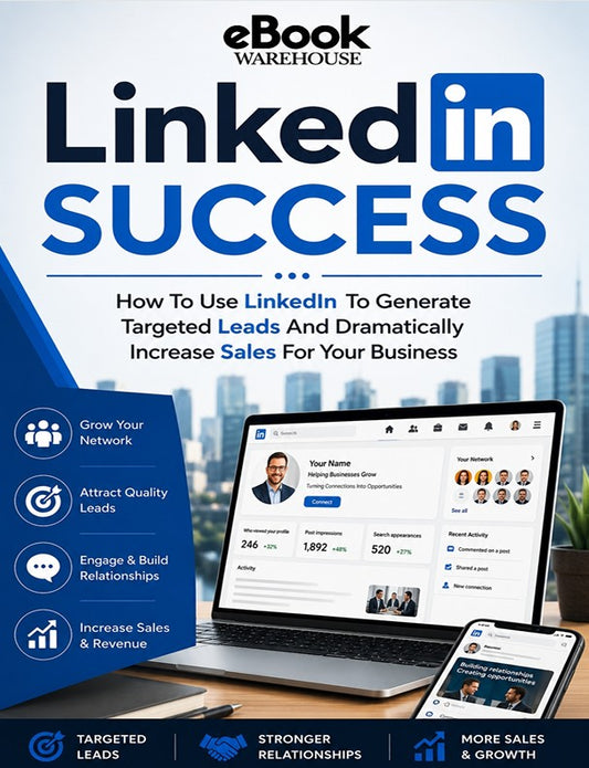 LinkedIn Success ebook cover featuring a modern blue and white business design with the eBook Warehouse logo, a laptop and smartphone displaying LinkedIn profiles, and marketing-focused graphics highlighting lead generation, networking, relationship building, and sales growth strategies for businesses.
