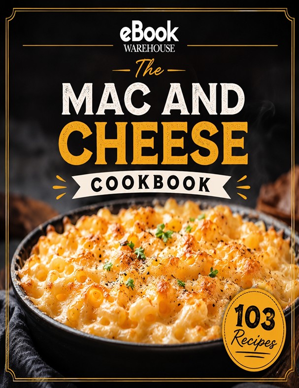Front cover of the eBook Warehouse 'The Mac and Cheese Cookbook' featuring a close-up photo of baked macaroni cheese in a black bowl, with large white and yellow title text on a dark background and a gold '103 Recipes' badge.