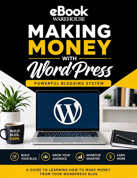 Book cover for 'Making Money with WordPress' by eBook Warehouse, featuring a black and yellow design with a laptop displaying the WordPress logo, a mug reading 'Build. Blog.