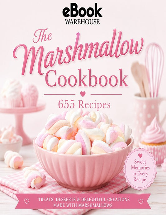 Front cover of the eBook Warehouse 'The Marshmallow Cookbook' featuring pink and white marshmallows in a pink bowl, with the title in large pink lettering and a pink badge reading 'Sweet Memories in Every Recipe'.