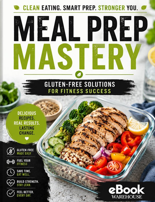 Book cover for 'Meal Prep Mastery: Gluten-Free Solutions for Fitness Success' by eBook Warehouse, featuring a glass meal prep container with grilled chicken, broccoli, cucumber, tomato, and lemon on a kitchen counter.