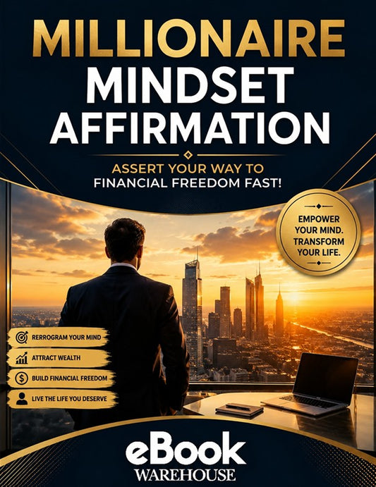 Promotional cover for 'Millionaire Mindset Affirmation' eBook by eBook Warehouse, featuring a man looking out over a city skyline at sunset with text overlays and a gold seal.