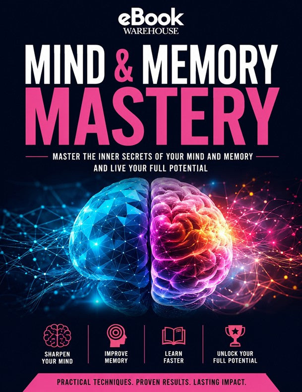 Book cover for 'Mind & Memory Mastery' by eBook Warehouse, featuring a dark background with a split glowing brain illustration in blue and pink, large title text, and feature icons along the bottom.
