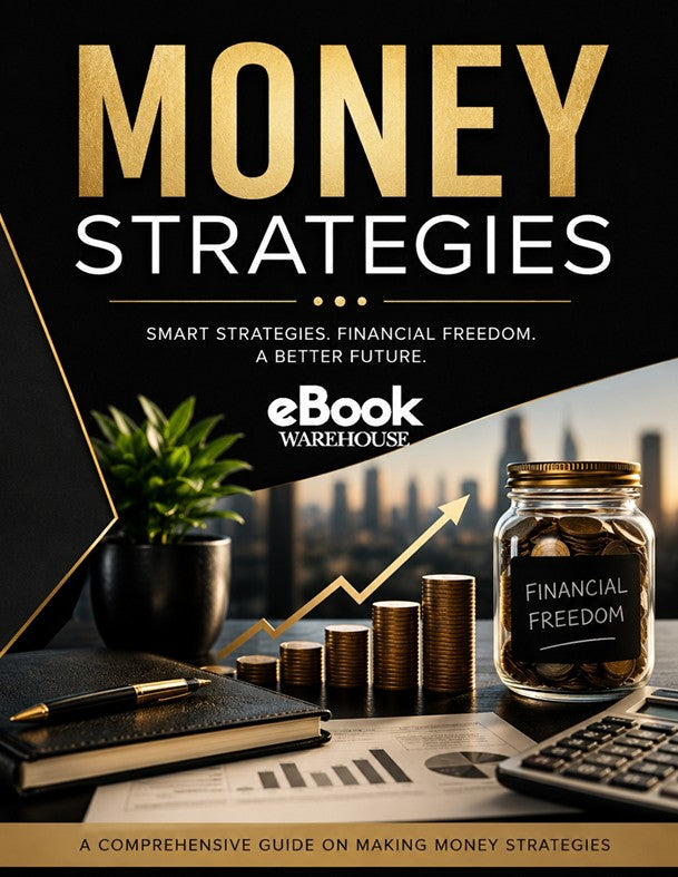 Money Strategies eBook cover featuring a luxury black and gold financial theme with bold typography, rising stacks of coins, a financial freedom savings jar, calculator, business charts, and the eBook Warehouse logo, symbolizing wealth building, personal finance, money management, and financial growth.