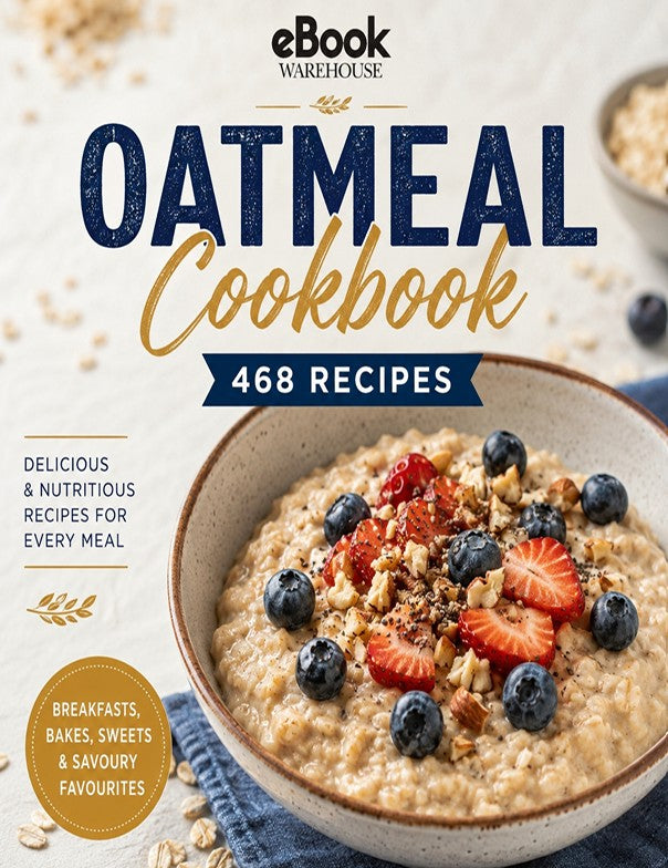 Front cover of the eBook Warehouse Oatmeal Cookbook, featuring a bowl of oatmeal topped with blueberries, sliced strawberries, and granola on a light background with scattered oats.