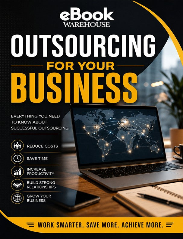 A promotional graphic for an eBook titled 'OUTSOURCING FOR YOUR BUSINESS' by eBook Warehouse. The design features a dark background with a laptop showing a world map network, a notebook, and a pen on a desk, with text highlighting benefits like reducing costs, saving time, and increasing productivity.