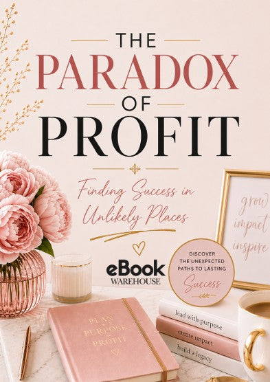Book cover for 'The Paradox of Profit' by eBook Warehouse, featuring a soft blush pink background with elegant typography and styled desk props including pink flowers, stacked books, a candle, and a framed print.