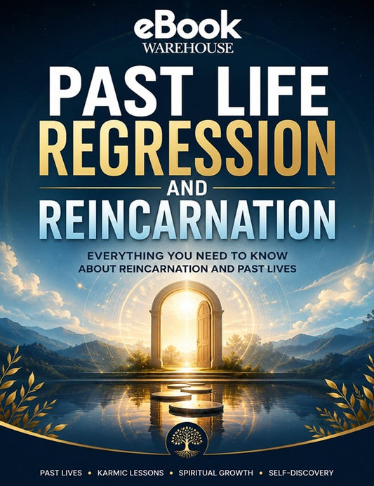 Digital cover for an eBook titled 'Past Life Regression and Reincarnation' by eBook Warehouse, featuring a glowing archway over water with mountains in the background and decorative gold laurel accents.