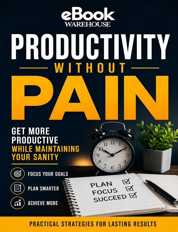 Book cover for 'Productivity Without Pain' by eBook Warehouse, featuring bold white and yellow text on a dark background with an alarm clock, notebook, pen, and small plant.