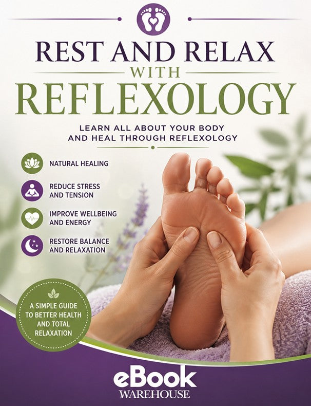 Book cover for 'Rest and Relax with Reflexology' eBook by eBay Warehouse, featuring a reflexology foot massage scene with hands on a foot, set against a soft green and purple background with text highlighting benefits.
