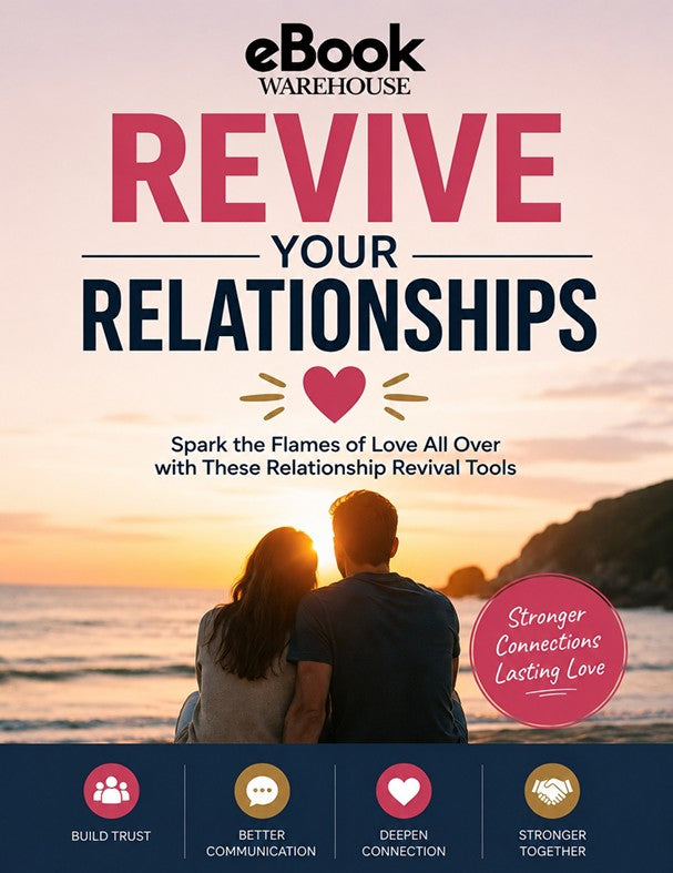 Book cover for 'Revive Your Relationships' by eBook Warehouse, featuring a sunset beach scene with a couple in the foreground and bold title text in pink and navy.