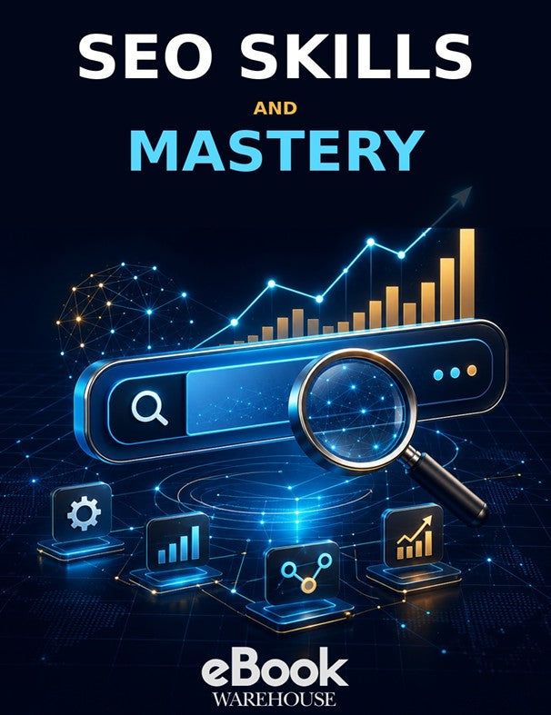 Digital cover graphic for an eBook titled 'SEO SKILLS AND MASTERY' with glowing blue and gold search-related icons, a magnifying glass over a search bar, and the eBook Warehouse logo at the bottom.