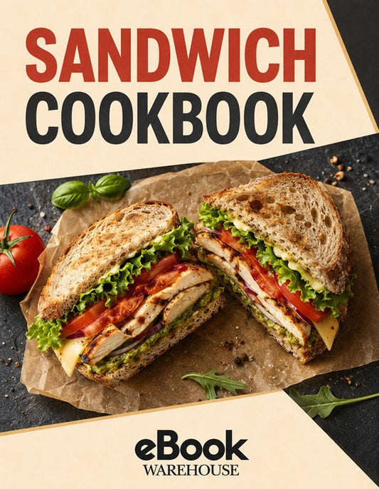 A cookbook cover titled 'SANDWICH COOKBOOK' with a large photo of a cut sandwich on parchment paper. The top section is cream with bold red and black text, and the bottom section shows the 'eBook WAREHOUSE' logo on a cream background over a dark tabletop.
