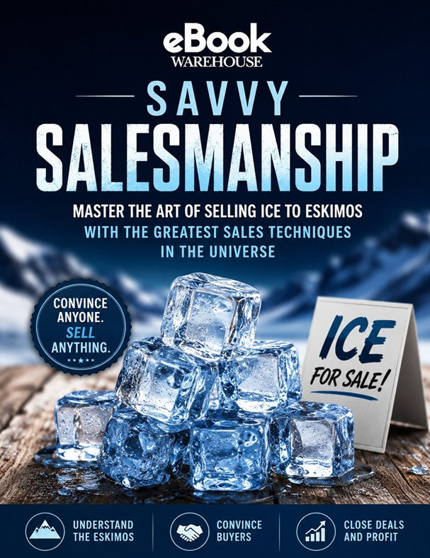 Book cover for 'Savvy Salesmanship' by eBook Warehouse, featuring a pile of ice cubes on a wooden surface with a small 'ICE FOR SALE!' sign. The cover includes the eBook Warehouse logo and several marketing text callouts on a dark blue background.