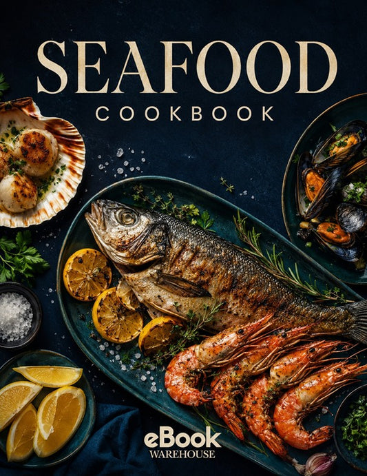 Front cover of a seafood cookbook featuring a large whole grilled fish on a dark platter with lemon slices, prawns, mussels, scallops, and herbs on a dark navy background. The title 'SEAFOOD COOKBOOK' appears at the top, and 'eBook Warehouse' is shown at the bottom.