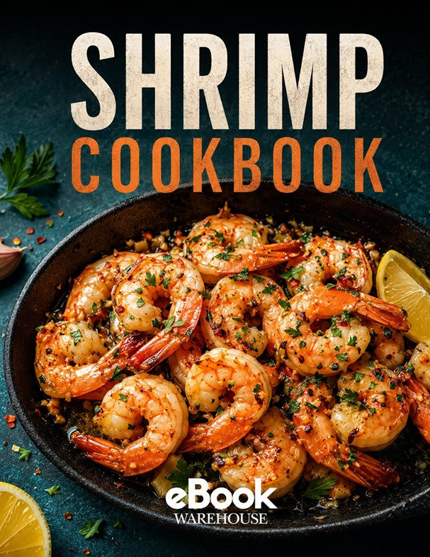 A cookbook cover titled "SHRIMP COOKBOOK" with a large photo of cooked shrimp in a dark pan, garnished with herbs and lemon slices, on a dark textured background. The publisher mark "eBook Warehouse" appears at the bottom.