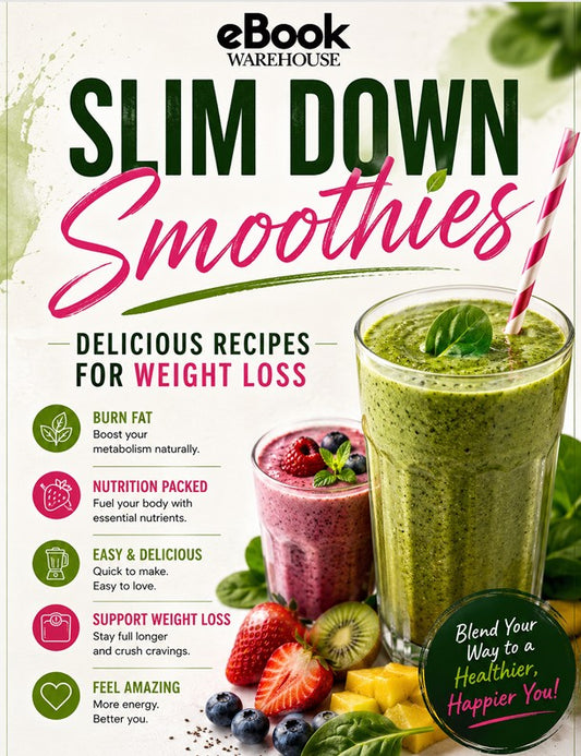 Promotional graphic for eBook Warehouse's 'Slim Down Smoothies' recipe book, featuring a green smoothie, a pink smoothie, and fresh fruits like strawberries, kiwi, and pineapple on a white background with green and pink text.