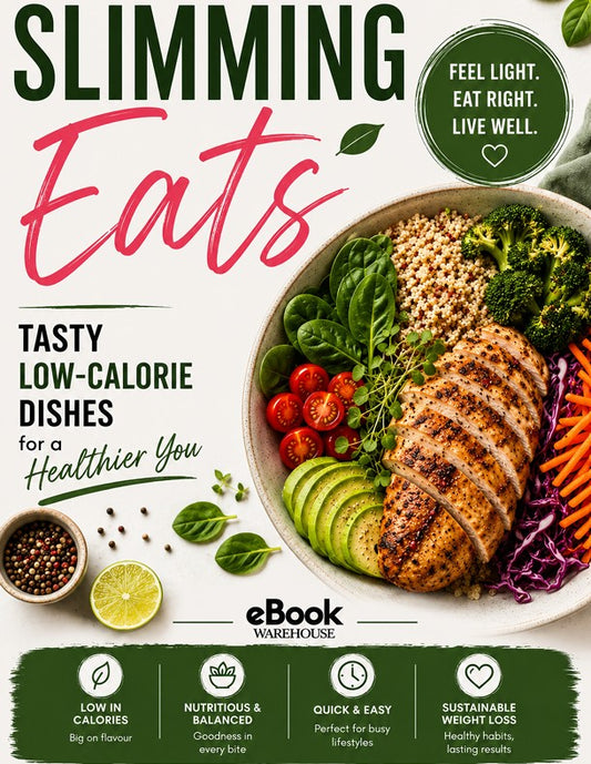 Promotional graphic for an eBook titled 'Slimming Eats' by eBook Warehouse, featuring a balanced meal bowl with grilled chicken, spinach, broccoli, quinoa, avocado, and tomatoes, plus text highlighting healthy eating and low-calorie dishes.