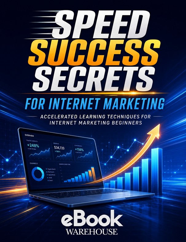 Digital cover for an eBook titled 'Speed Success Secrets for Internet Marketing' with a laptop showing analytics, a rising arrow, and bar graph graphics on a dark blue background. The eBook Warehouse logo is visible at the bottom.
