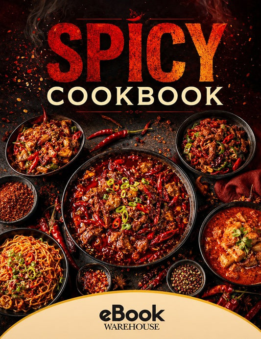 Spicy Cookbook eBook cover featuring a dark, appetizing layout with multiple bowls of chili-spiced dishes, red chilies, and large textured title text reading 'SPICY COOKBOOK' at the top. The 'eBook WAREHOUSE' logo appears in a beige arc at the bottom.
