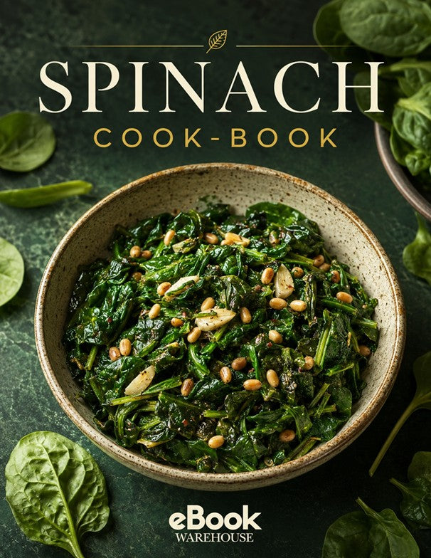 Spinach cookbook cover featuring a bowl of cooked spinach salad with pine nuts on a dark green textured background, with the title 'SPINACH COOK-BOOK' at the top and 'eBook Warehouse' at the bottom.