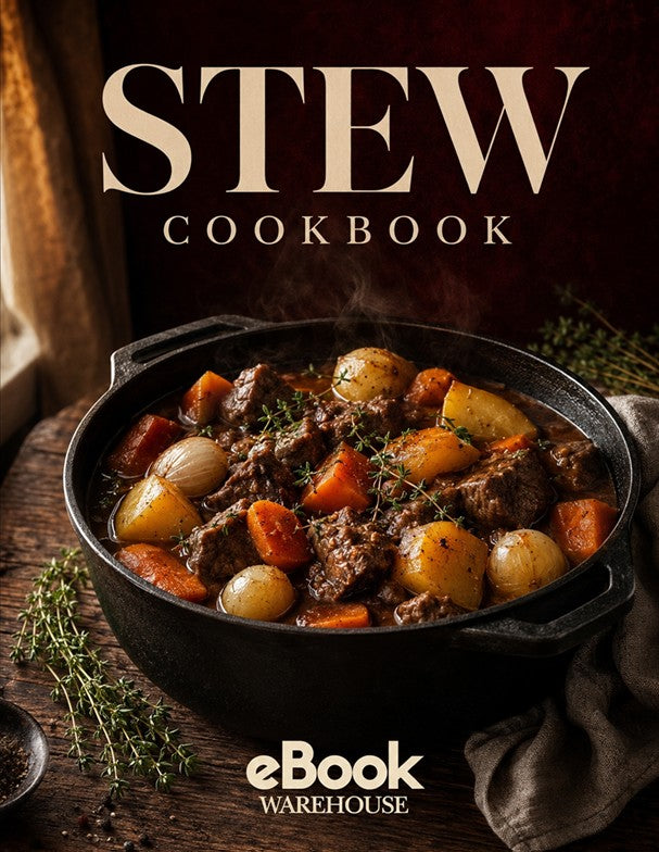 Stew Cookbook eBook by eBook Warehouse, featuring a hearty beef stew with potatoes and carrots in a black cast-iron pot on a rustic wooden table.