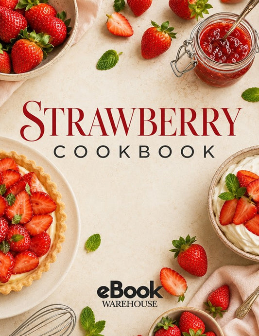 Cover of the eBook Warehouse Strawberry Cookbook, featuring a beautifully styled flat-lay of fresh strawberries, a strawberry tart, strawberry jam in a glass jar, and whipped cream on a light beige background with elegant typography.