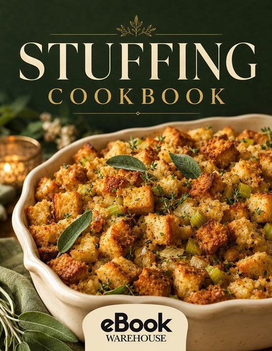 Front cover of the eBook Warehouse Stuffing Cookbook, featuring a close-up photo of a baked stuffing dish on a dark green background with large cream title text.