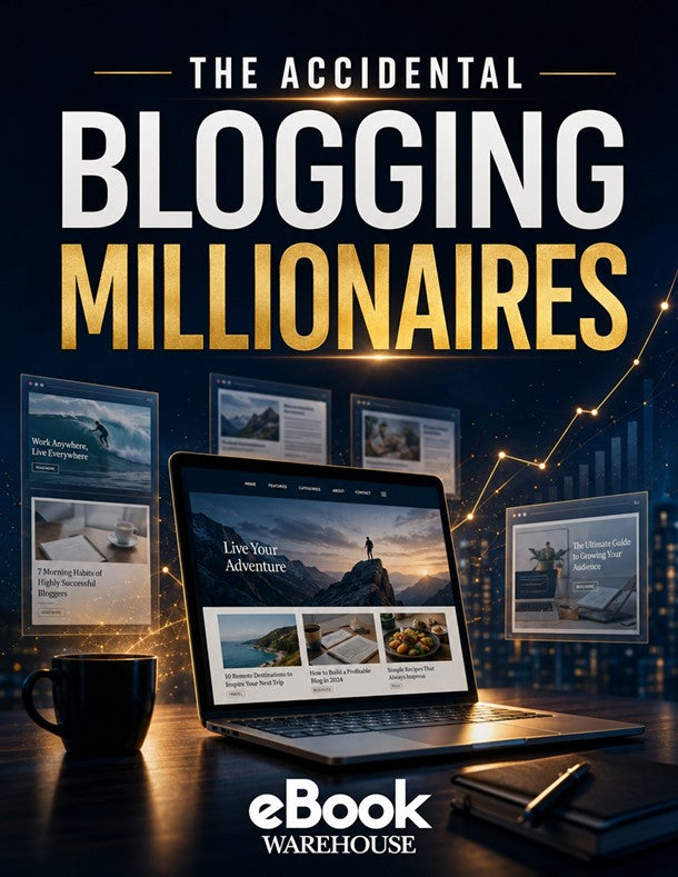 Promotional cover for 'The Accidental Billionaire' eBook by eBook Warehouse, featuring a laptop displaying a blog homepage, floating website panels, a coffee mug, and a notebook on a dark desk against a glowing city skyline at night.