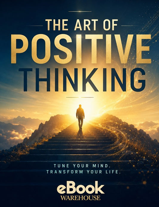 Book cover for 'The Art of Positive Thinking' by eBook Warehouse, featuring a dramatic golden sunrise over a mountain path with a silhouetted figure walking upward. Large gold and navy text overlays the scene, with the eBook Warehouse logo at the bottom.