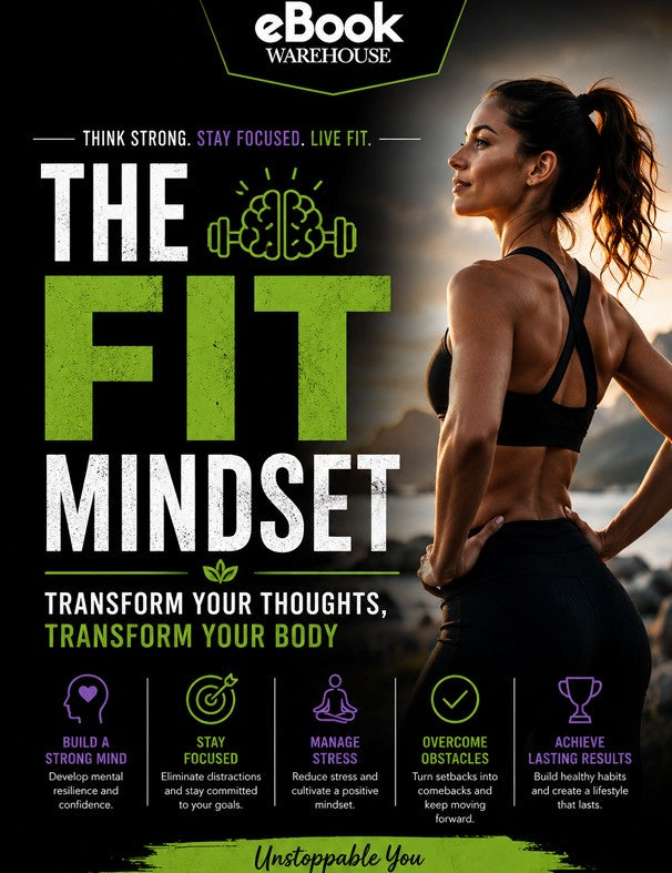 The Fit Mindset fitness ebook cover showing a healthy athletic woman, mindset coaching strategies, motivation techniques, goal setting, resilience building, and personal transformation