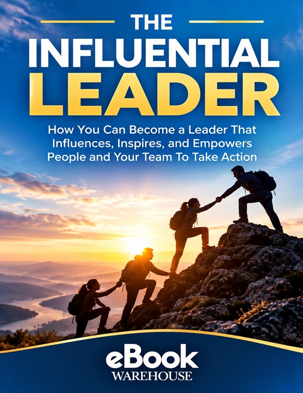 Book cover for 'The Influential Leader' eBook by eBook Warehouse, featuring a blue sky and mountain sunrise scene with silhouettes of people climbing a rocky peak and reaching each other.