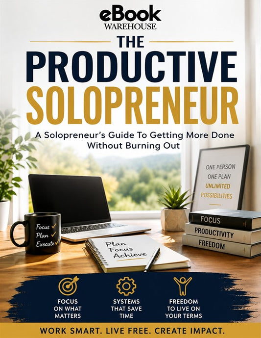 Book cover for 'The Productive Solopreneur' by eBook Warehouse, featuring a styled desk scene with a laptop, notebook, mug, and books on a wooden table, with bold title text and feature icons at the bottom.
