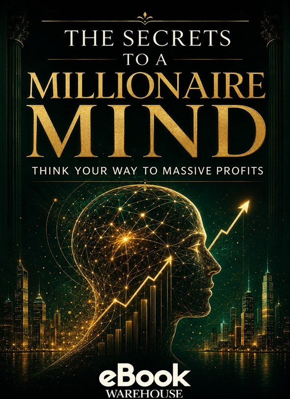 Book cover for 'The Secrets to a Millionaire Mind' featuring a dark green and black background with gold typography and a glowing wireframe human head silhouette over a city skyline. The eBook Warehouse logo appears at the bottom.