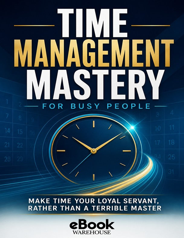 Book cover for 'Time Management Mastery for Busy People' by eBook Warehouse, featuring a dark blue background with a large clock graphic and gold and white typography.