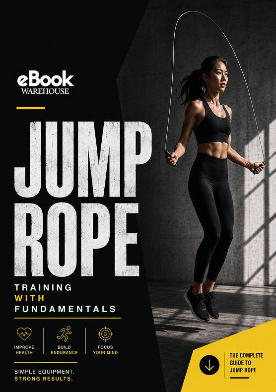 Promotional cover graphic for an eBook titled 'JUMP ROPE TRAINING WITH FUNDAMENTALS' by eBook WAREHOUSE. The design features a female athlete in black athletic wear jumping rope against a dark gym background on the right, with large white title text and yellow accents on the left.