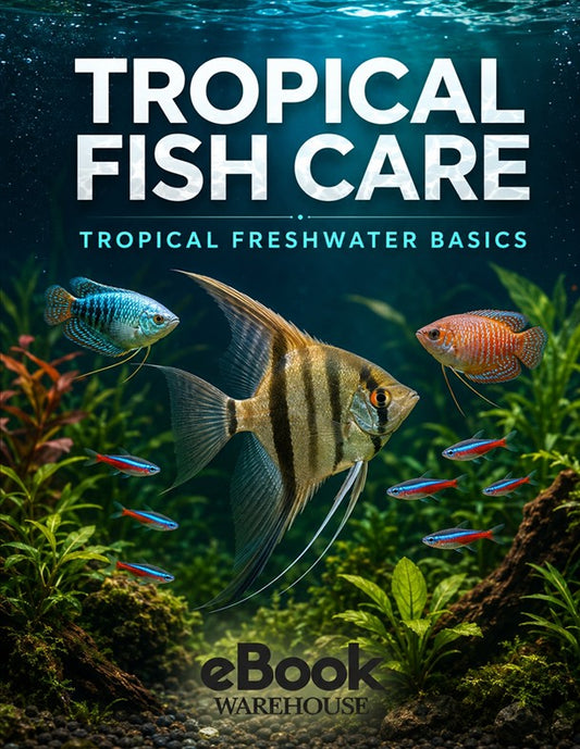 Book cover for 'Tropical Fish Care: Tropical Freshwater Basics' featuring an underwater aquarium scene with a silver and black angelfish, a red and orange tetra, small blue and red neon tetras, green plants, and white title text. 'eBook Warehouse' is printed at the bottom.