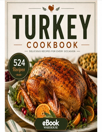 Turkey Cookbook eBook by eBook Warehouse, featuring a large roasted turkey on a plate with cranberries and orange slices, with the title 'TURKEY COOKBOOK' and '524 Recipes' on a cream background.