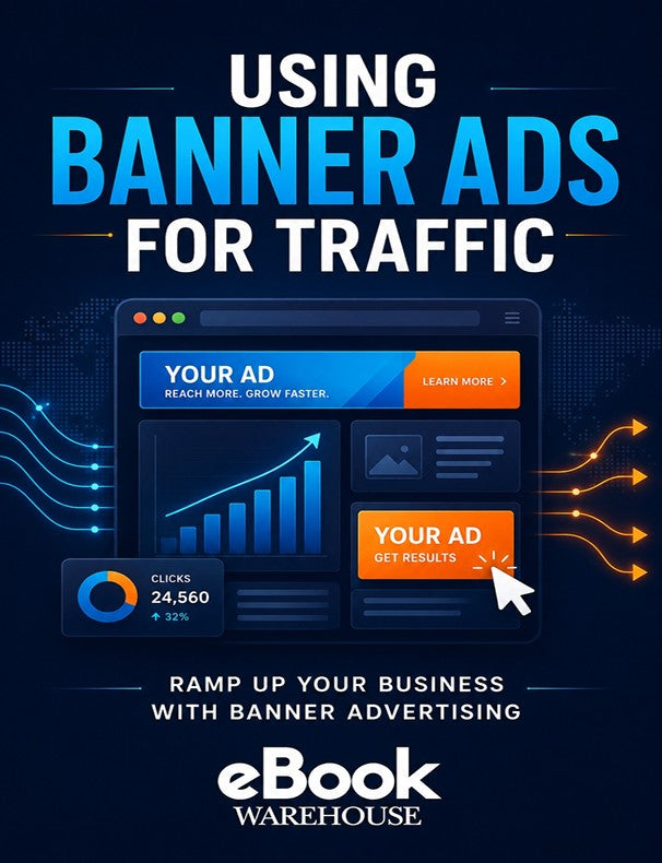 Promotional graphic for banner ads with the headline 'Using Banner Ads for Traffic' on a dark blue background. A mockup of a digital ad panel appears in the center, with sample text, a rising chart, click count, and orange arrow graphics.