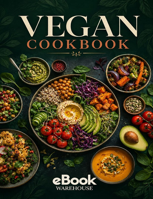 Vegan Cookbook cover featuring a large central bowl of colorful vegan food with hummus, avocado, tomatoes, quinoa, and mixed vegetables, surrounded by smaller bowls of dishes on a dark textured background with leaf motifs. The title 'VEGAN COOKBOOK' appears at the top, and 'eBook Warehouse' is shown at the bottom.