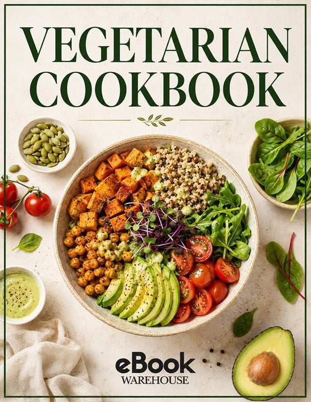 Front cover of a book titled "VEGETARIAN COOKBOOK" with a large central photo of a colorful vegetable bowl, surrounded by ingredients like spinach, tomatoes, avocado, beans, and dressing. The eBook Warehouse logo appears at the bottom.