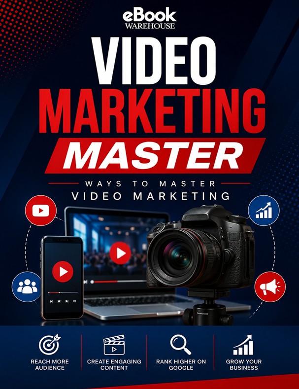 Video Marketing Master ebook cover featuring a professional DSLR camera, smartphone, and laptop displaying video content. The modern blue and red design highlights video marketing strategies, audience growth, content creation, Google ranking, and business growth, with the eBook Warehouse logo prominently displayed at the top.