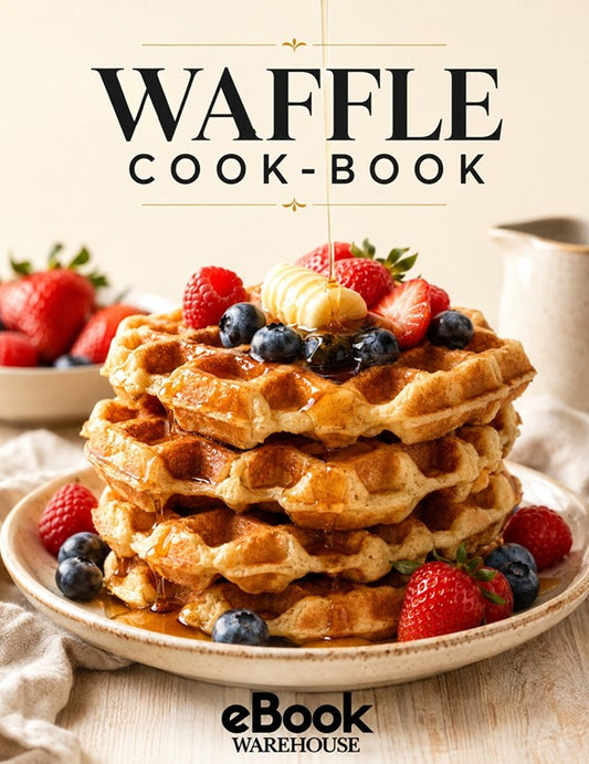A cookbook cover titled 'WAFFLE COOK-BOOK' above a large stack of golden waffles topped with syrup, strawberries, blueberries, and a banana slice on a plate. The background is a warm cream color with the text 'eBook WAREHOUSE' at the bottom.