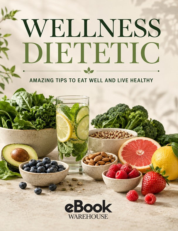 Book cover for 'Wellness Dietetic' featuring a styled arrangement of healthy foods including kale, broccoli, blueberries, raspberries, a lemon, a grapefruit, an avocado, and a glass of mint lemonade on a light textured background. The title is displayed in large green text at the top, and 'eBook Warehouse' is shown at the bottom.