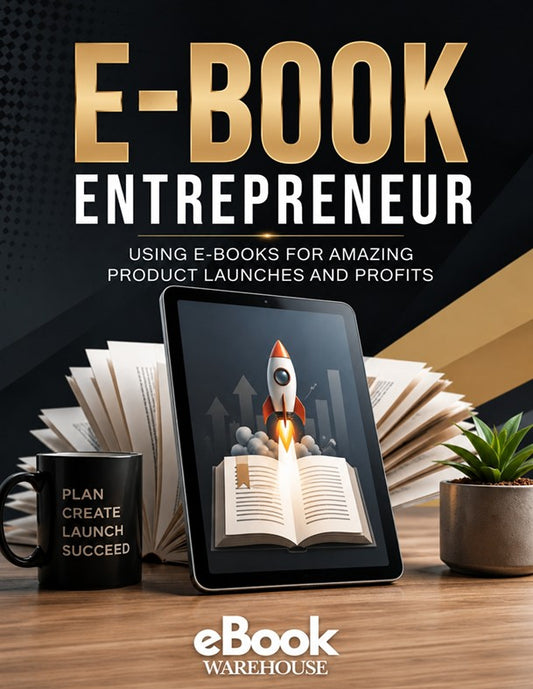 Modern E-Book Entrepreneur ebook cover featuring a digital tablet displaying a rocket launching from an open book, symbolizing successful ebook product launches and online business growth. The design includes bold gold and white typography, an open book background, motivational business elements, and the eBook Warehouse logo, representing digital publishing, entrepreneurship, marketing, and profit generation.